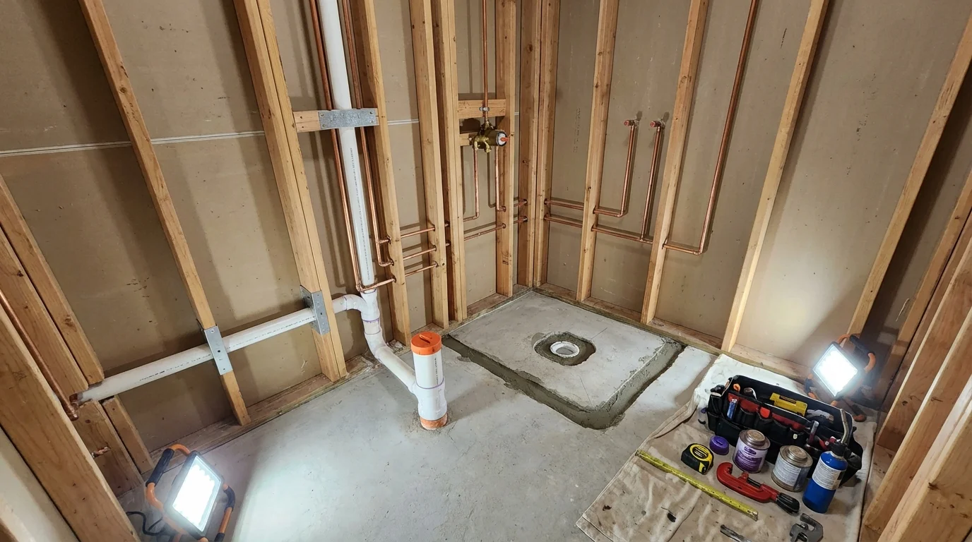 Bathroom rough-in plumbing during remodel by Johns Plumbing LLC in Durango