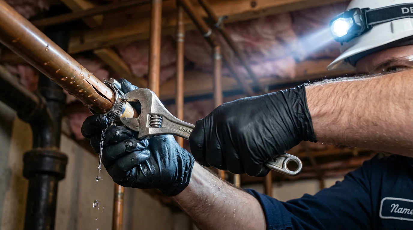 Emergency pipe clamp repair being performed by a Johns Plumbing LLC plumber in Durango