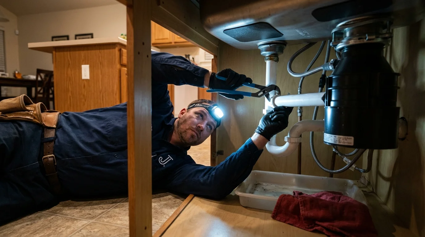 P-trap and supply line connections under a kitchen sink showing a common leak point in Durango, CO